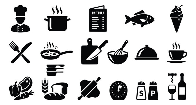 Silhouette icon set of 18 restaurant and cooking symbols featuring chef, kitchen tools, food and beverage elements for culinary design