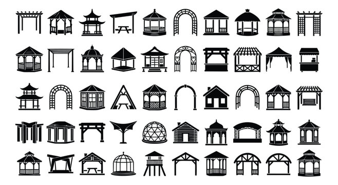 Silhouette icon set of 42 garden structures featuring gazebos, pergolas, arbors and pavilions for landscape and architecture design