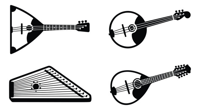 Silhouette icon set of 4 folk string instruments featuring balalaika, mandolin, banjo and zither for music design