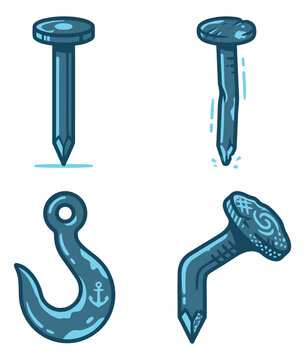 Cartoon icon set of 4 hardware fasteners featuring straight nail, bent nail, fishing hook and curved spike for construction design