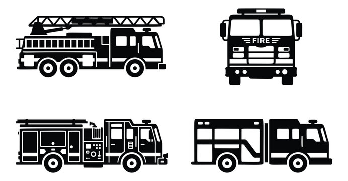 Silhouette icon set of 4 fire trucks featuring ladder truck, front view, pumper and rescue vehicle for emergency services design