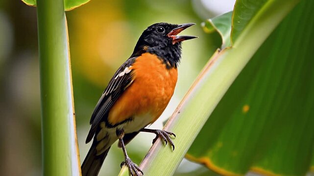 Close-up of a Baltimore Oriole Singing on a Banana Leaf Stem