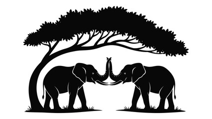 Two elephants touching trunks under a tree © SILHUETTECHEMBER
