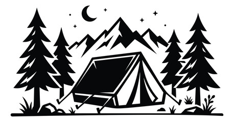 Bold silhouette illustration of camping tent depicting outdoor night scene with mountains and pine trees for adventure and travel design