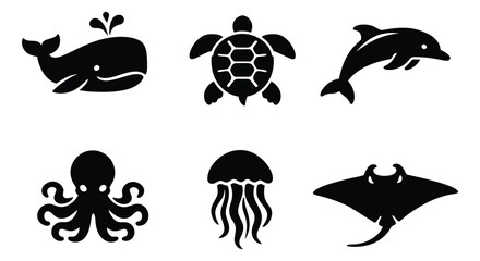 Fototapeta premium Silhouette icon set of 6 sea creatures featuring whale, turtle, dolphin, octopus, jellyfish and stingray for marine design