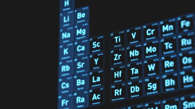 Animated periodic table of chemical elements displayed as glowing blue squares in digital scientific interface. Futuristic chemistry visualization representing research, education and technology 