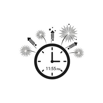 New Year's Eve clock striking midnight fireworks.
