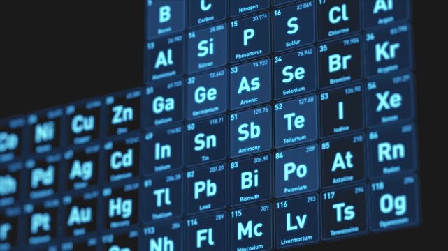 Animated periodic table of chemical elements displayed as glowing blue squares in digital scientific interface. Futuristic chemistry visualization representing research, education and technology 
