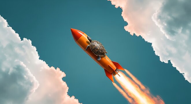 A turtle rides a rocket ship through the sky with clouds and flames