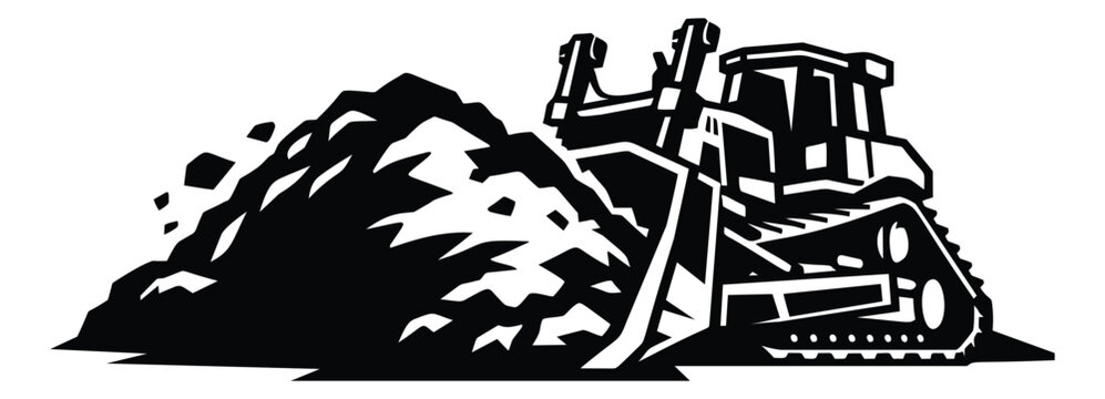 Woodcut illustration of a bulldozer depicting earthmoving and land clearing for construction and heavy equipment design