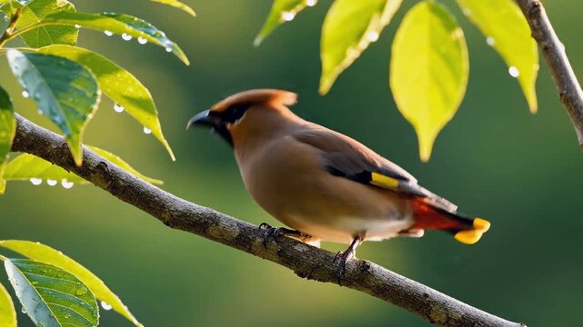 Cedar Waxwing Singing on a Tree Branch with Morning Dew