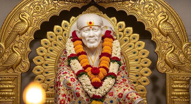 Sai Baba Idol with Garland and Golden Archway.