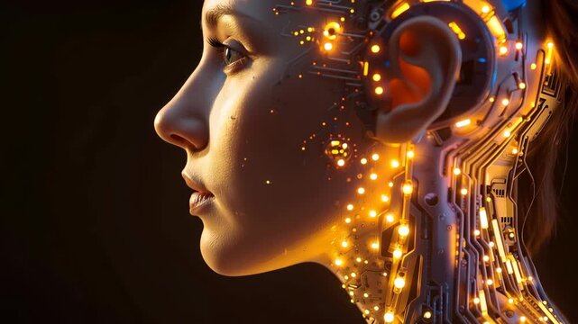 Serene cyborg female profile glowing circuitry warm light futuristic contemplative portrait