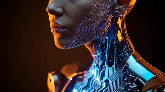 Futuristic cyborg humanoid portrait with glowing circuit patterns and illuminated circuit neck