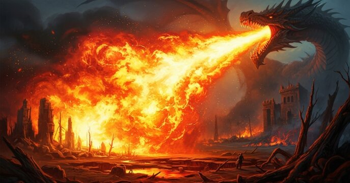Digital illustration of a powerful dragon breathing a massive stream of fire over a medieval castle