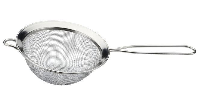 A stainless steel strainer with a long handle on a black background