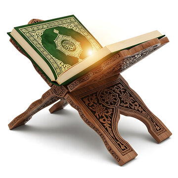 An intricately carved wooden stand holding an open book with arabic script.