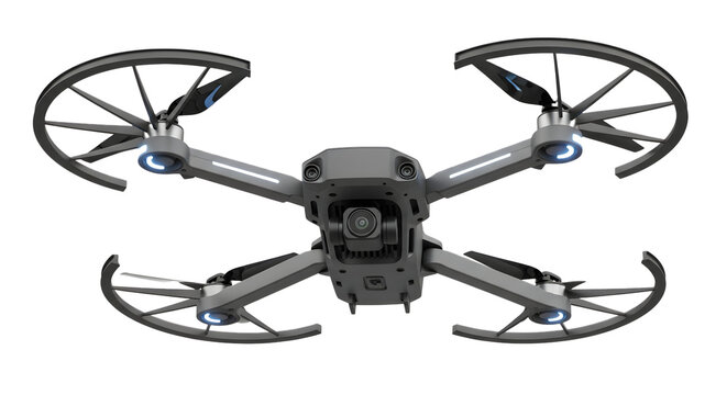 A sleek gray drone with blue accents against a black background