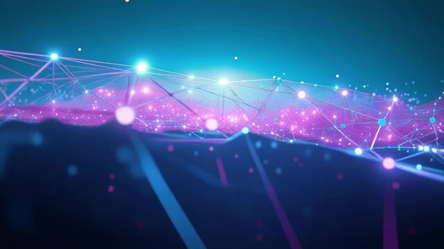 Neon network wave with glowing nodes and digital particles forming futuristic network node grid