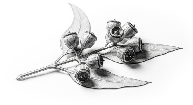 Detailed pencil drawing of a eucalyptus branch with gum nuts and leaves, botanical illustration on white background