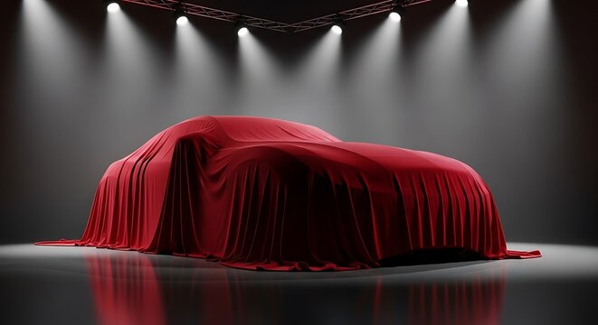 Car hidden under a red velvet cloth, illuminated by spotlights, awaiting a grand reveal