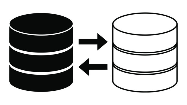 A black and white illustration of two database cylinders syncing
