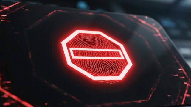 Futuristic Red Digital Stop Sign with Fingerprint Pattern