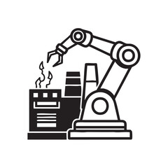 Fototapeta premium Iconic vector illustration depicting a robotic arm actively working within an industrial factory, symbolizing automation, advanced manufacturing, and technological progress