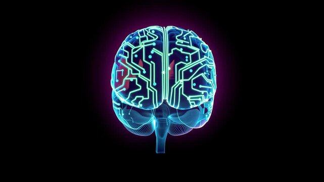 Neon digital neural brain circuit pathways glowing black background with digital network technology