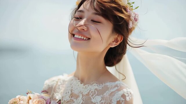 女性が春の海辺で微笑む花嫁の近接ポートレート、昼の自然光で穏やかに
