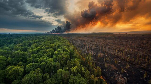 Lush green forest bordering burned woodland with smoky sunset sky aerial view wildfire