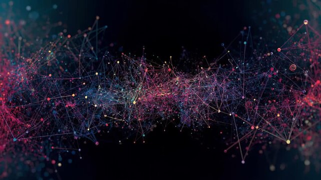 Colorful neural network of glowing data nodes and connecting lines forming abstract data stream