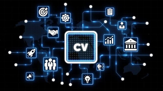C V resume on a global network background with business and technology symbols