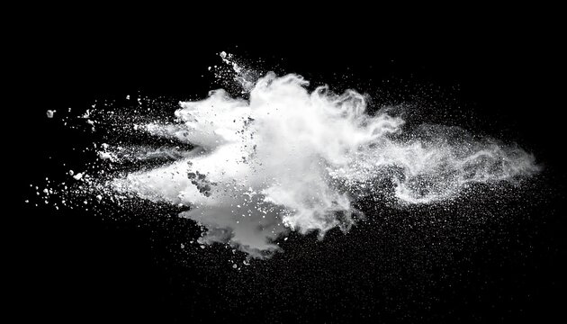 A burst of white powder explodes outward against a stark black background, creating a dynamic, ethereal cloud effect