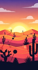 Fototapeta premium Sunset Serenity - A Desert Landscape with Cacti and Warm Colors.