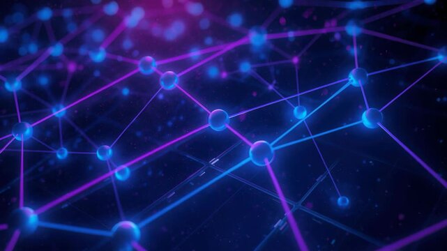 Neon network node line connection glowing blue purple futuristic digital abstract tech atmosphere