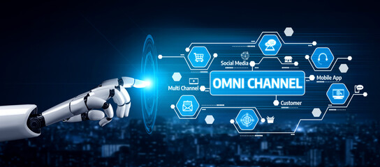 Obraz na płótnie Canvas A robotic hand interacts with a digital interface representing omni channel strategies, showcasing various platforms for customer engagement and communication. Tessel