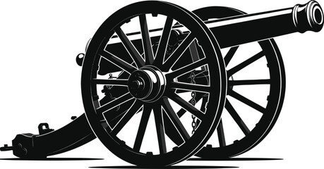 Fototapeta premium Detailed Black Silhouette of a Classic Military Cannon with Large Spoked Wheels for Historical Warfare Battlefield Reenactments Weaponry Artillery Education and Vintage Army Design Elements