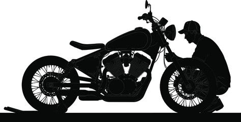Detailed Black Silhouette of a Professional Mechanic Repairing a Custom Bobber Motorcycle in a Garage Workshop for Biker Lifestyle Maintenance and Automotive Service Design Assets © MstRupali