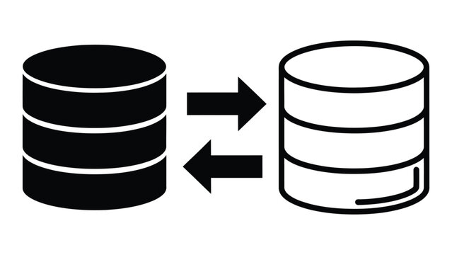 A black and white illustration of two database servers syncing data