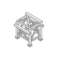 Isometric illustration of a wooden scaffolding structure with cross bracing and square base supports.