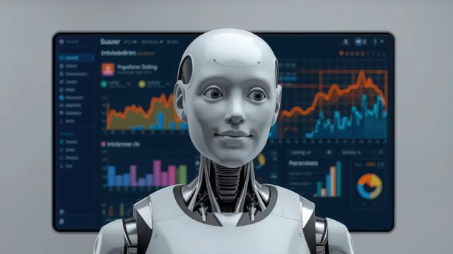 Friendly humanoid robot before data dashboard showing colorful analytics, charts and artificial