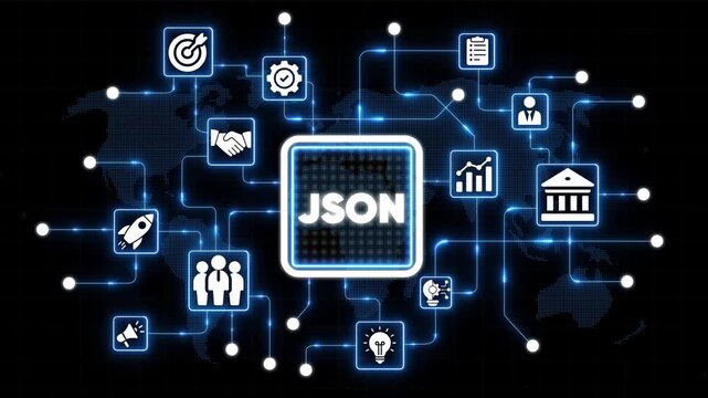 J S O N data exchange format on a map background with glowing blue lines and nodes json