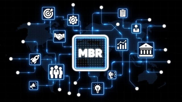 M B R Business Concept with Global Network and Representing Finance, Technology, and Communication