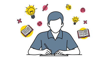 Creative Thought Process: A person engaged in deep thought, surrounded by symbols of inspiration and learning, embodies the essence of creative thinking and education.  © Rahimatul