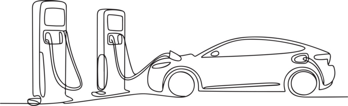 Continuous one-line drawing of the modern electric car chargers. Electric car concept single line draws design graphic vector illustration. one line Icon drawing
