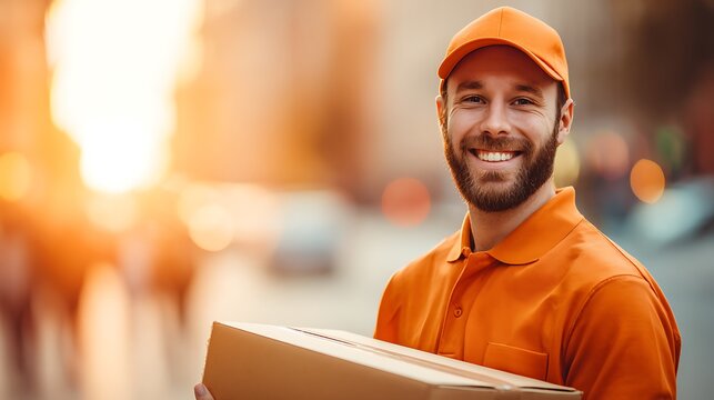 A smiling delivery man in an orange uniform holding a cardboard box on a city street