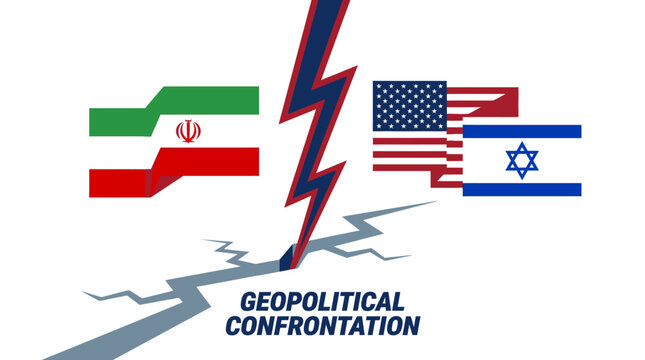 Iran vs USA and Israel Flags Clash &ndash; Global Geopolitical Conflict Concept