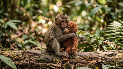 Obraz premium A monkey tenderly hugs a teddy bear while sitting on a tree branch in a lush forest.