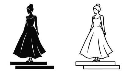 Silhouette and line drawing of women in evening gowns